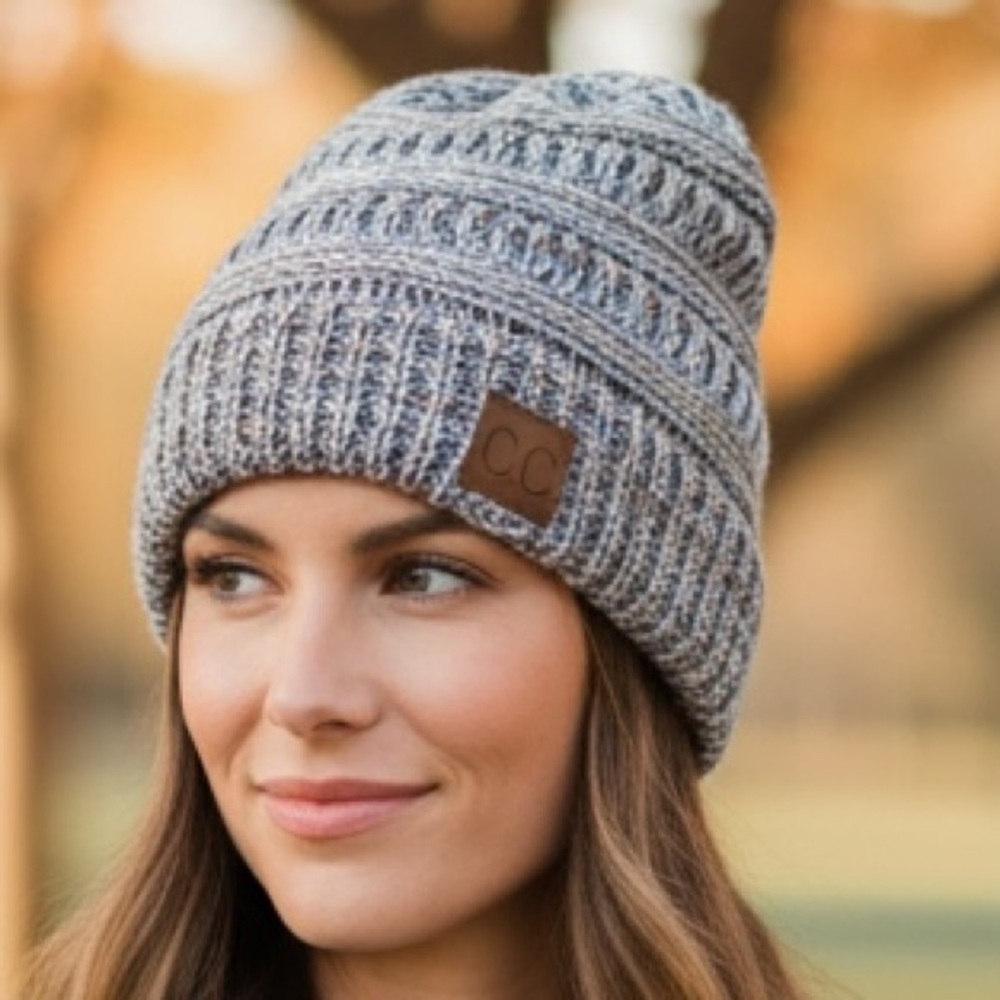 CC Knit Beanie -Tan, Blue & Blush Pink